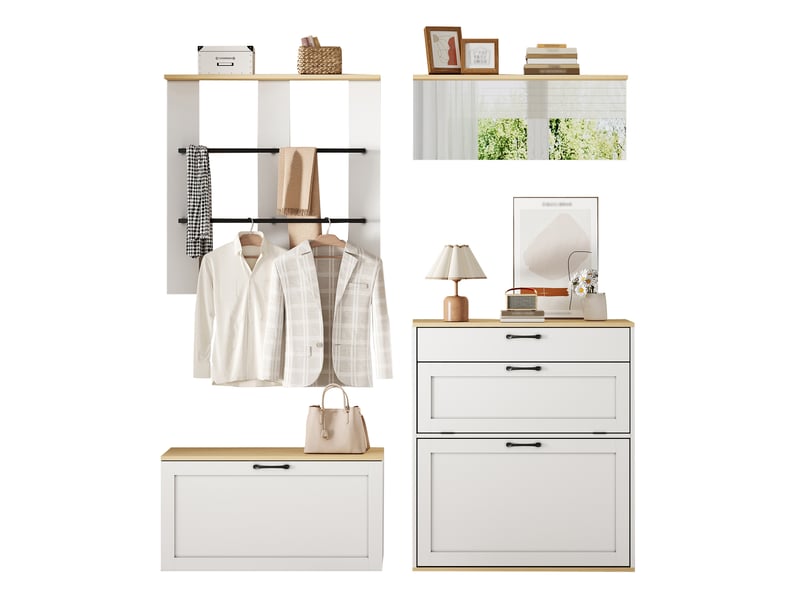  Ensemble vestiaire tcqpz modulable avec meuble à chaussures miroir et rangement 156 x 36 x 176 cm mdf blanc et bois naturel  - Conforama A