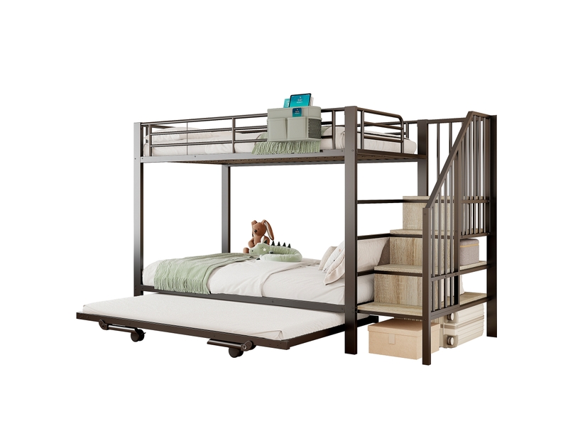  Lit superposé enfant 90x200 cm avec lit gigogne, escalier de rangement, noir  - Conforama A