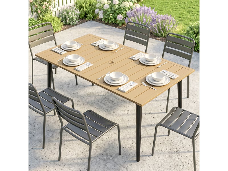 Table de jardin 150 x 90 cm, table de balcon résistante aux intempéries en acier, avec trou pour parasol, marron - Conforama C