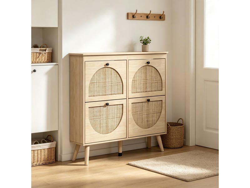 Meuble à chaussures 4 abattants, 8 compartiments pour entrée 105×24×97,5 cm bois naturel - Conforama C