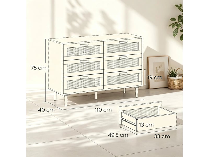  Commode à 6 tiroirs, 110 x 40 x 75 cm, façades en cannage de rotin et pieds surélevés, blanc et effet chêne  - Conforama C