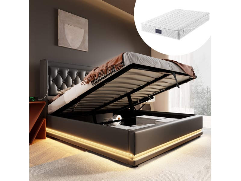  Lit double 160 x 200 cm noir en pu avec rangement hydraulique, led et matelas  - Conforama C