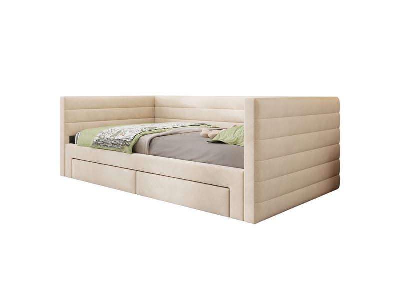 Lit banquette enfant 3-en-1 90180 x 190 cm avec 2 tiroirs et sommier à lattes, coton-lin, beige Fay Lum - Conforama A