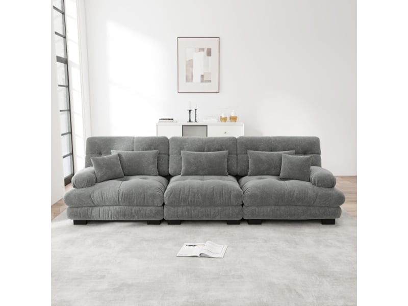  Canapé 3 places, canapé droit avec 3 coussins lombaires et 2 coussins décoratifs, structure en bois, en chenille, gris  - Conforama C