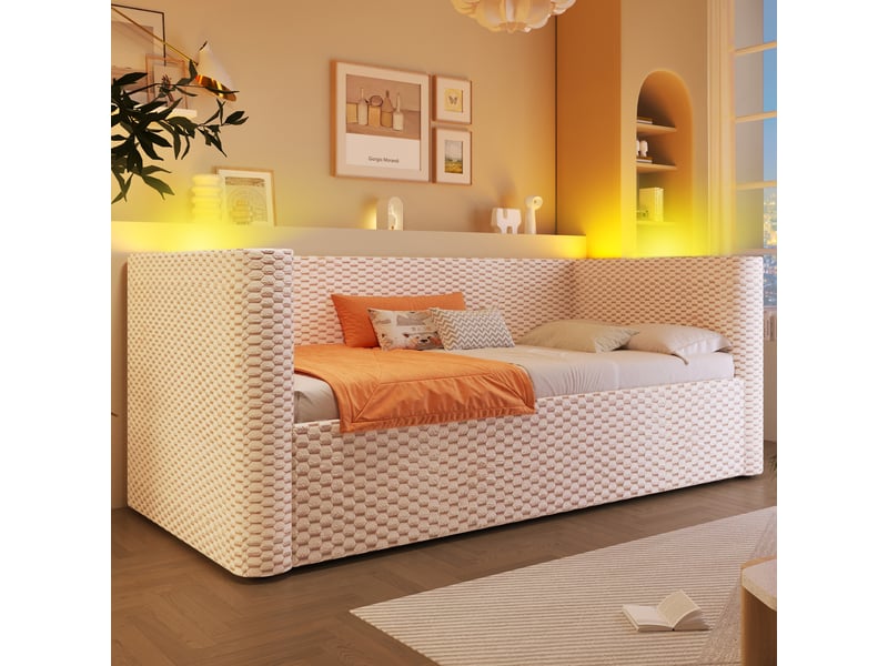  Lit de jour 90x200 canapé lit velours beige avec rangement hydraulique et led multicolore  - Conforama B