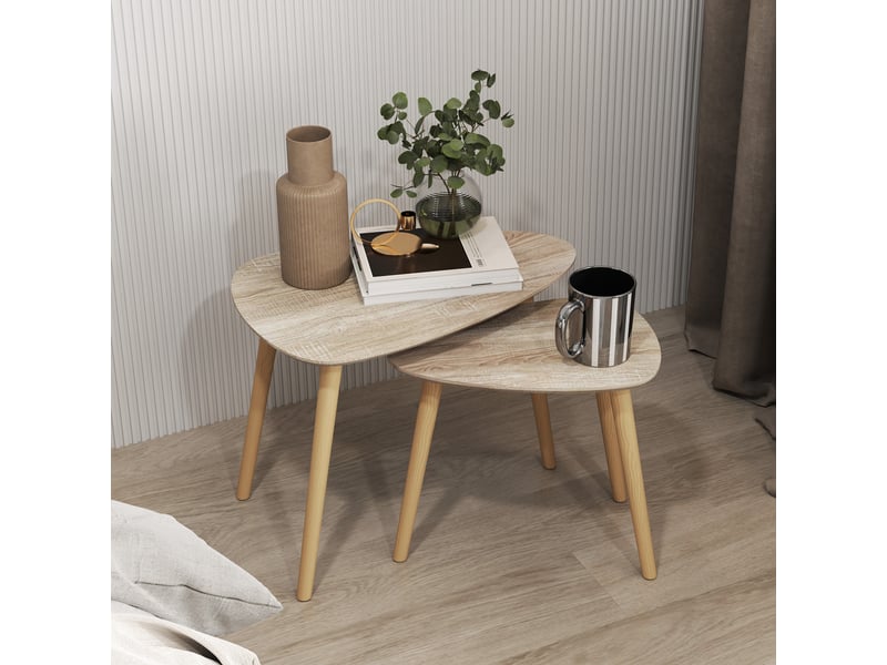  Lot de 2 tables basses gigognes design pieds scandinave en bois et plateau en bois, aspect naturel  - Conforama W