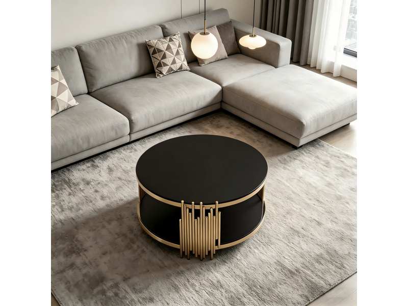 Table basse ulevr ronde à 2 niveaux avec rangement, ø 80 cm, verre trempé noir et cadre en acier inoxydable doré - Conforama D