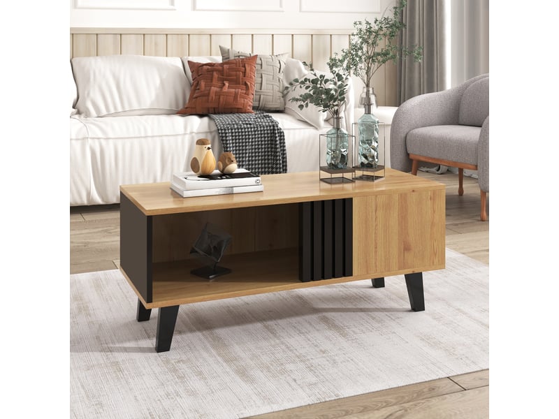  Table basse bois et noir 100x60 cm, table de salon avec rangements, design moderne pour salon  - Conforama C
