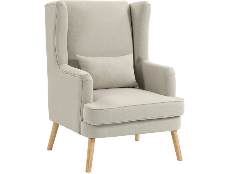  Fauteuil à oreilles avec haut dossier, assise large et coussin lombaire en tissu aspect lin et bois beige  - Conforama A