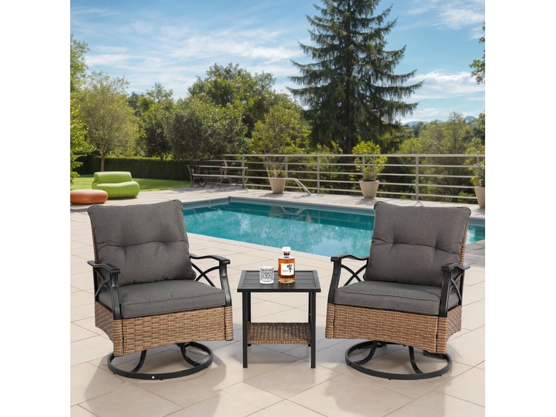  Salon de jardin 3 pièces 64x58x82 cm – marron et gris – 2 fauteuils pivotants 360° et table basse  - Conforama B