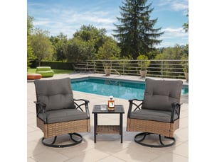 Salon de jardin 3 pièces 64x58x82 cm – marron et gris – 2 fauteuils pivotants 360° et table basse
