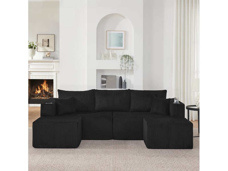  Canapé d'angle modulable 3 places modenvie en cord noir, avec ottomans mobiles, porte-gobelets, poches latérales et coussins  - Conforama E