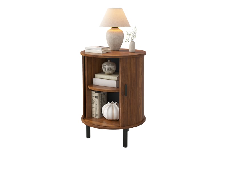 Table de chevet ronde avec 1 porte coulissante et 1 étagère, en mdf et panneaux, noyer, 48 × 48 × 65 cm  - Conforama A