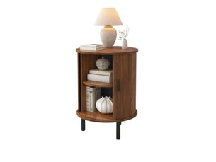 Table de chevet ronde avec 1 porte coulissante et 1 étagère, en mdf et panneaux, noyer, 48 × 48 × 65 cm