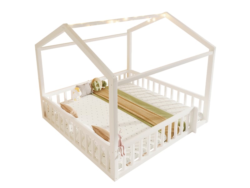  Lit cabane enfant modulable 180 x 190 cm ou 2 lits 90 x 190 cm en pin blanc avec barrières et petites lumières led  - Conforama A