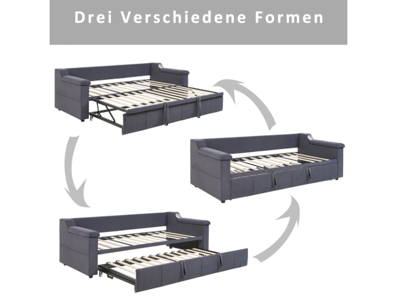  Lit gigogne 90x190 cm, lit enfant avec accoudoirs, système bluetooth et prise usb, tissu en velours gris foncé, sans matelas  - Conforama E