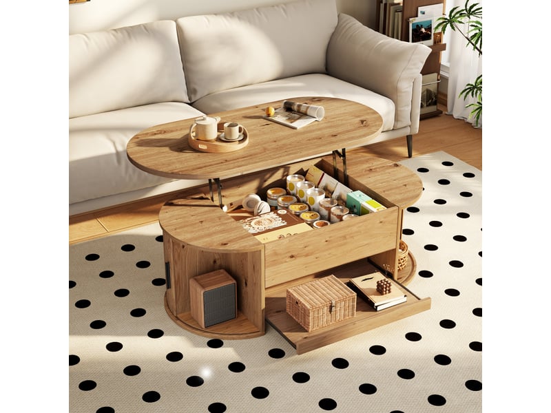  Table basse relevable 110x55x55 cm avec rangement caché, 2 portes coulissantes, tablette extensible, façades rainurées, mdf effet bois naturel  - Conforama B