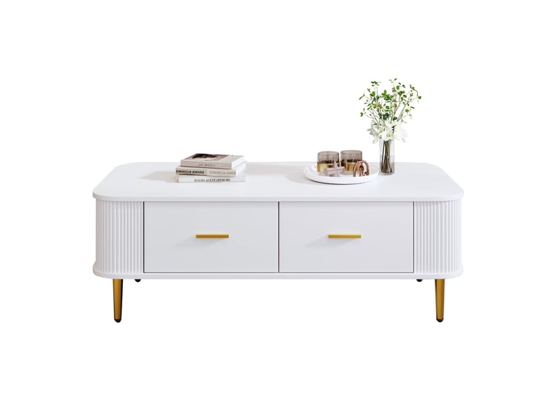 Table basse 105x51x38 cm 4 tiroirs grand rangement bords arrondis sécurité coulissant mdf poignées pieds dorés blanc  - Conforama A