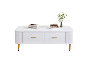 Table basse 105x51x38 cm 4 tiroirs grand rangement bords arrondis sécurité coulissant mdf poignées pieds dorés blanc