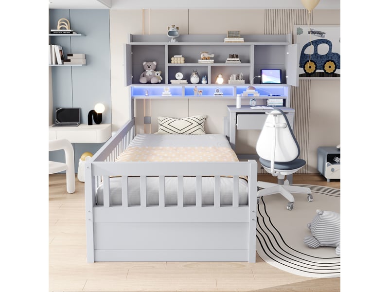  Lit enfant multifonction 90x200 cm avec bureau, tiroirs, rangements, led et prise, lit simple en bois avec barrière de sécurité, sommier, gris Seren Glow - Conforama E