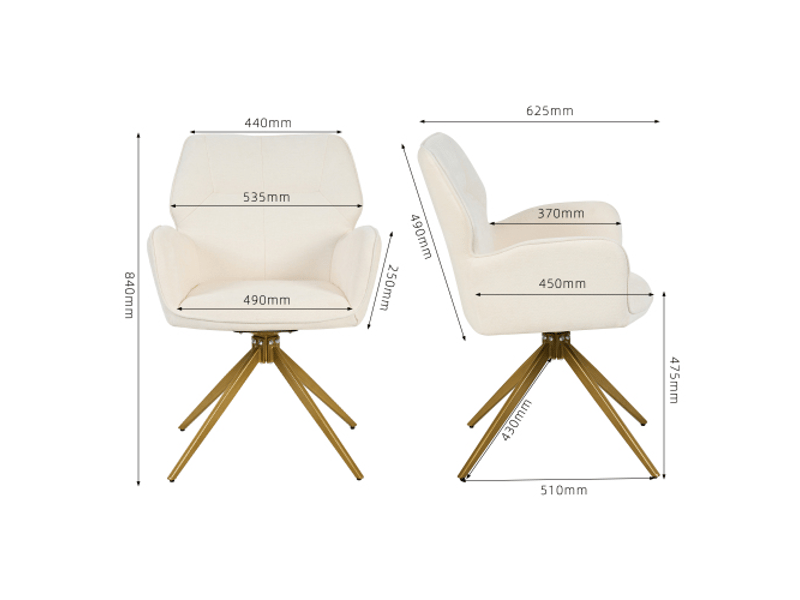 Chaises de salle à manger pivotantes lot de 2, fauteuil design avec pieds métal, tissu velours côtelé crème, moderne et confortable  - Conforama C