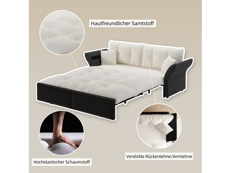  Canapé-lit 3 en 1, 2 places, 190x85x91 cm, style capitonné, 2 coussins inclus, gain de place, velours beige et blanc sans matelas  - Conforama E