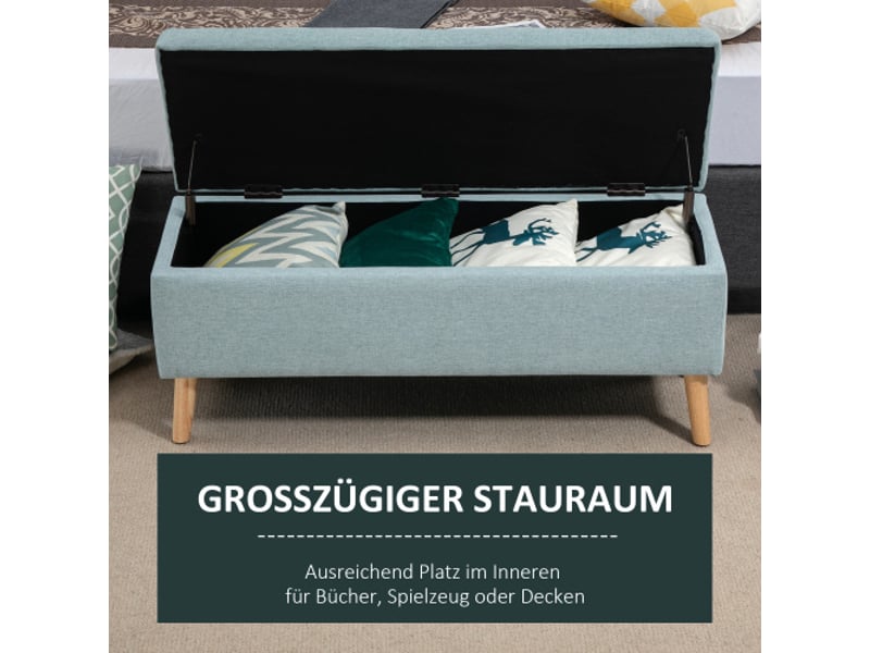  Banc coffre vert clair 110x39x45 cm, polyester aspect lin, bois d’hévéa, style scandinave  - Conforama D