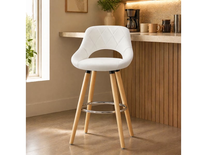  Tabouret de bar avec dossier ergonomique et pieds antidérapants  - simili cuir et bois - blanc  - Conforama B