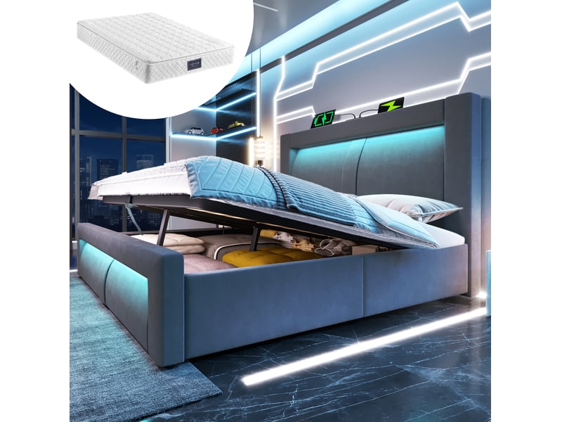  Lit double 160x200 cm coffre hydraulique led usb et usb-c velours gris avec matelas  - Conforama B