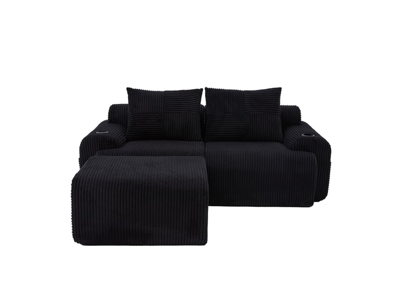  Canapé modulable 2 places 200x174x80 cm avec porte-gobelet intégré poche latérale velours côtelé noir  - Conforama A