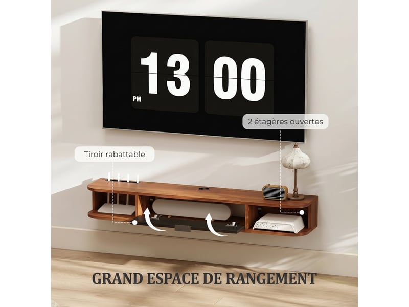  Meuble tv suspendu, meuble télé pour téléviseur jusqu'à 50 pouces, tiroir rabattable, 2 étagères, 120x24x16cm, noyer  - Conforama E