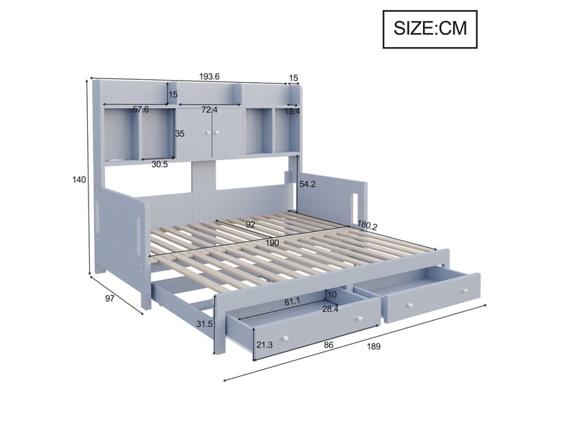 Lit gigogne 90x190+180x190 cm avec rangement en bois gris - Conforama E