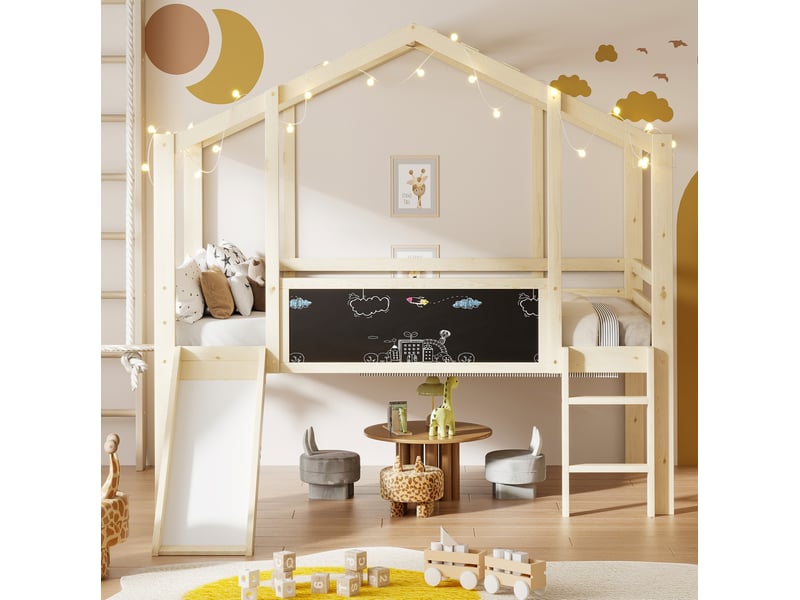  Lit mezzanine enfant 90 x 200 cm avec toboggan, échelle, toit et tableau  - Conforama D