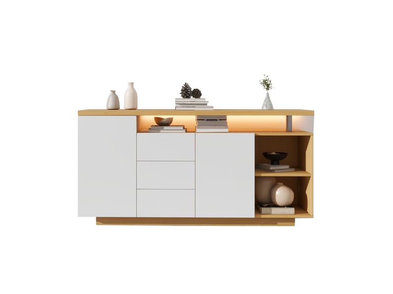  Buffet 140 cm 2 portes 3 tiroirs blanc et chêne avec éclairage led  - Conforama A