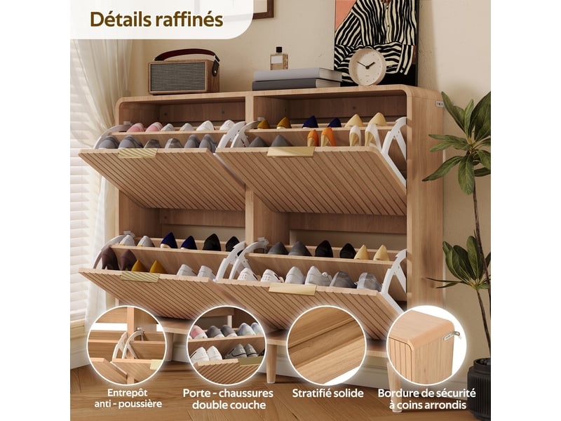  Meuble à chaussures 105x24x90 cm, 4 abattants et capacité 18 à 24 paires, rangement pratique pour entrée et couloir - bois clair  - Conforama D