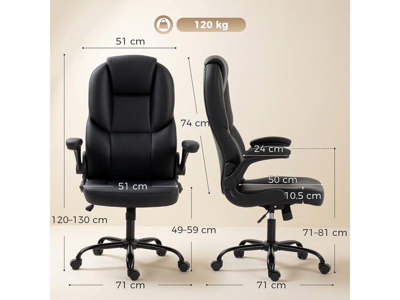  Fauteuil de bureau pivotant, fonction bascule, accoudoirs rabattables, dossier haut, hauteur réglable, noir  - Conforama E