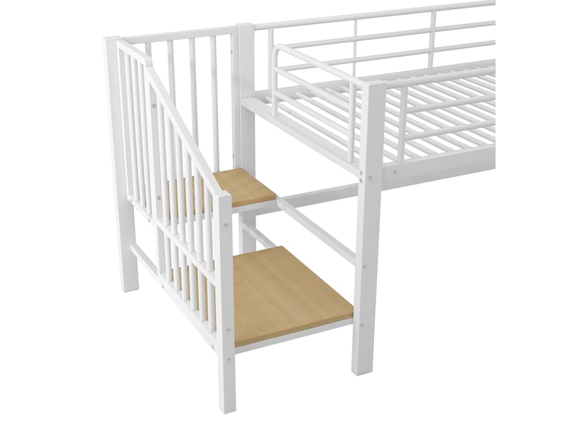  Lit mi-hauteur enfant 90 x 200 cm escalier de rangement sécurité 79,5 cm lattes incluses mdf et métal blanc sans matelas  - Conforama E