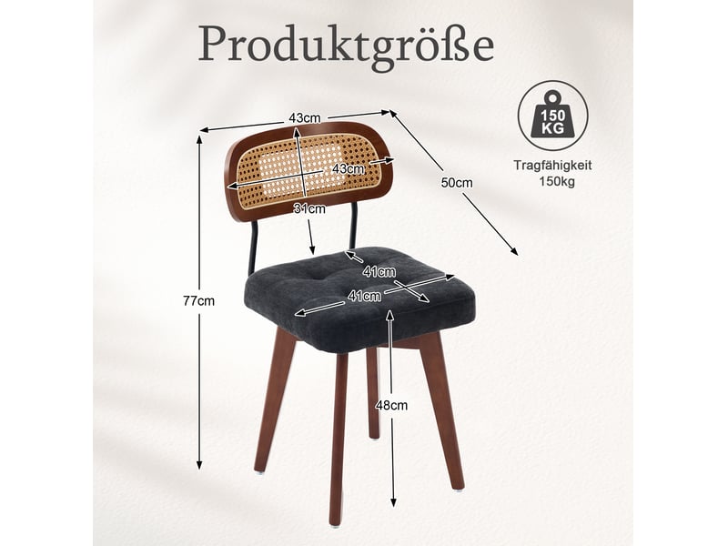  Chaise de salle à manger lot de 2 pivotante à 360° avec dossier tressé et assise en chenille noire  - Conforama C