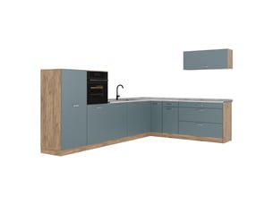 Vicco cuisine en angle, bleu-grischêne doré, 327 x cm plan de travail marbre