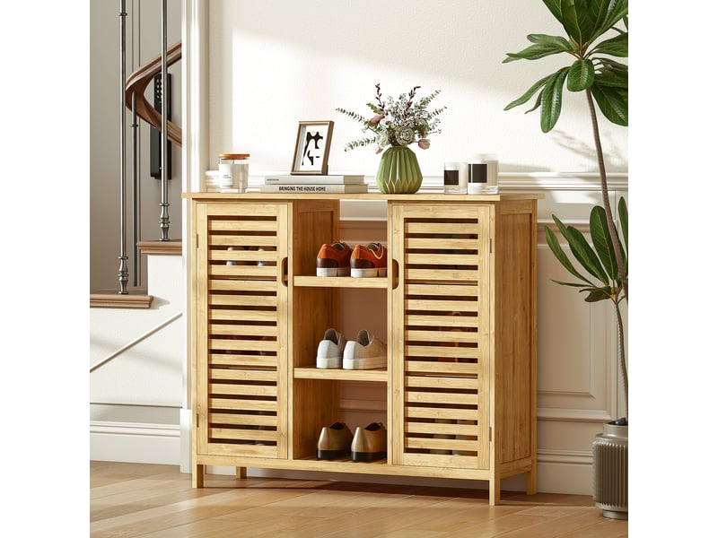  Armoire de rangement en bambou à lattes, 2 portes, étagères et compartiments ouverts, 100 x 33 x 86 cm, naturel  - Conforama C