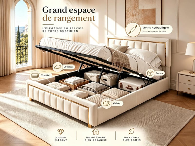  Lit coffre 140x190 cm ezssw, coloris beige  - Conforama D