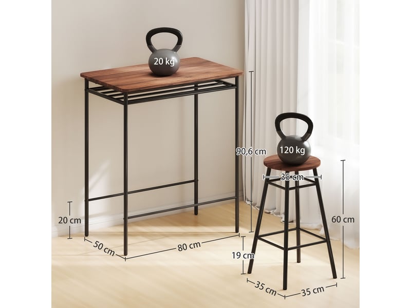  Table de cuisine haute avec 2 tabourets de style industriel, étagère ouverte, repose-pieds, gain de place pour les petits espaces  - Conforama E