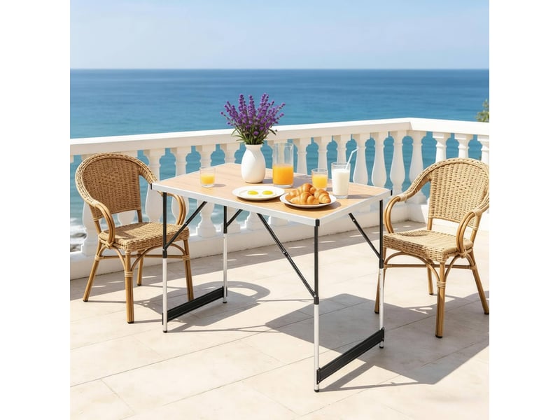  Table de camping pliante 100x60 cm chêne clair, aluminium et mdf, réglable en 4 niveaux de 73 à 94 cm  - Conforama B