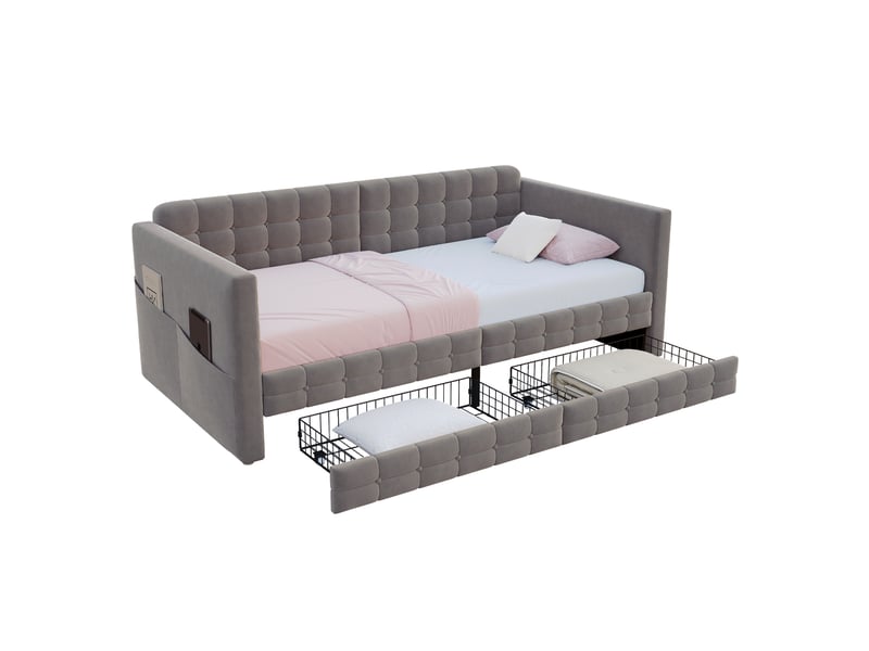  Canapé-lit 90x190 cm avec deux tiroirs, cadre de lit adulte avec compartiment de rangement, lit simple en velours, gris  - Conforama B