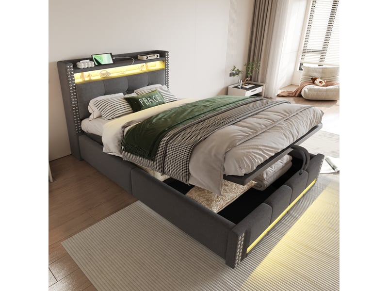 Lit enfant rembourré 90 x 200 cm gris avec led, prise usb et rangement hydraulique  - Conforama B