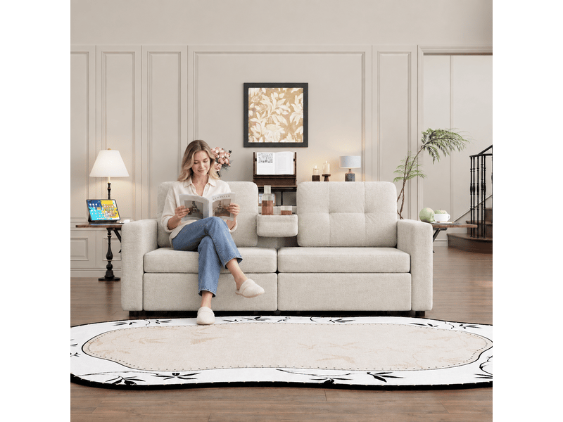 Canapé droit 2 places en chenille 178 x 71 cm avec rangement intégré, tablette rabattable, porte-gobelets et assise réglable - beige - Conforama D