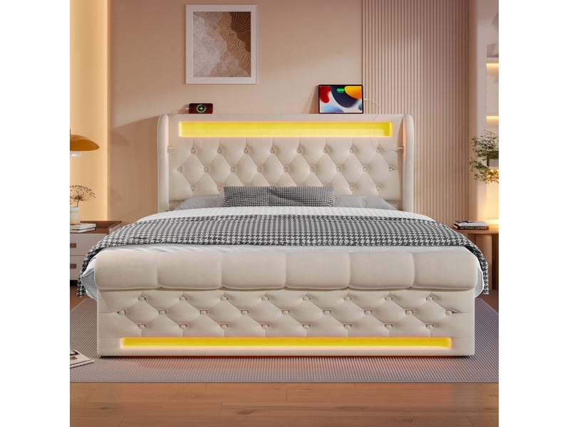  Lit double 160 x 200 cm beige en velours avec led, charge usbtype-c et matelas  - Conforama D