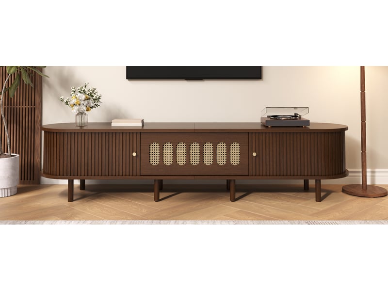 Meuble tv noyer foncé 180 cm, banc tv ovale effet rotin avec portes coulissantes, 180x40x40cm, mdf, noyer  - Conforama E