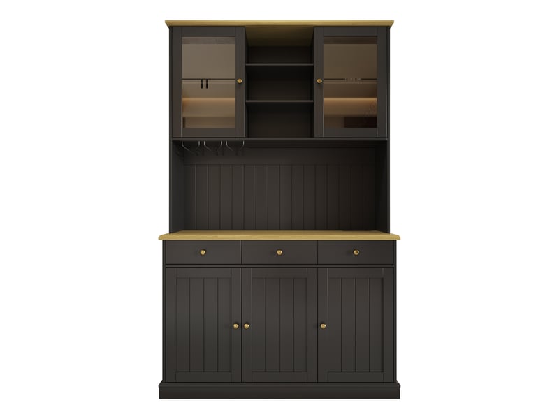  Buffet haut noir avec portes vitrées, porte-verres, rangement, prises usb-cusb-a, poignées dorées 120x40x191 cm  - Conforama A