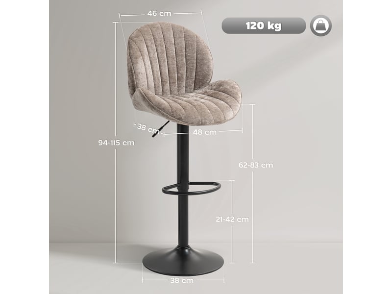  Ensemble de 2 tabourets de bar, revêtement en tissu, hauteur d'assise réglable, pivotants, structure en acier, marron  - Conforama E